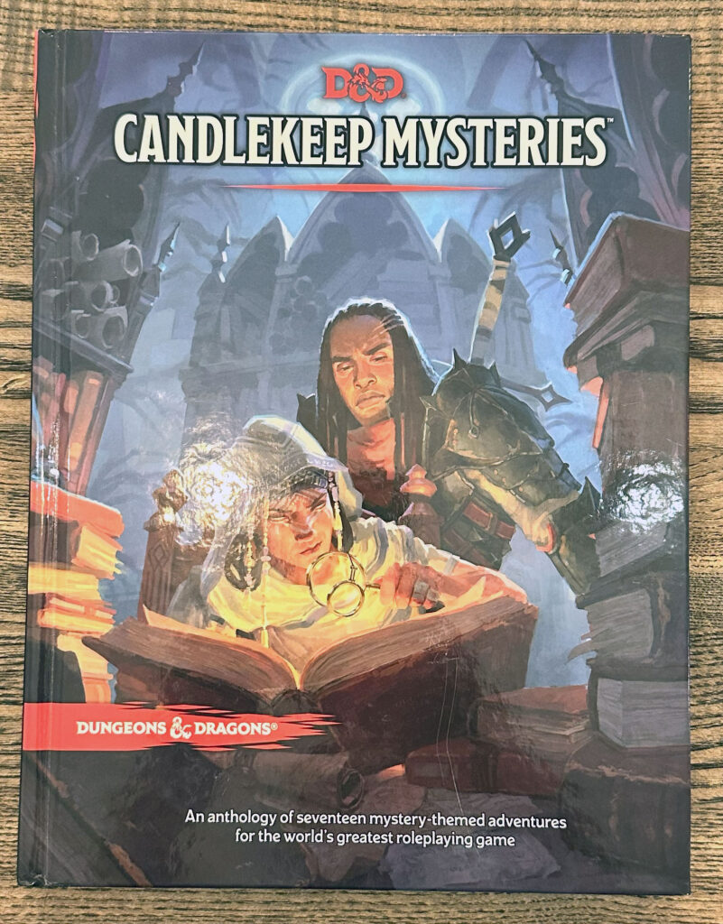 Book cover depicting a fantasy library with a scholar peering at a book through a magnifying glass, and a warrior type looking over her shoulder, with a sword sheathed on his back.