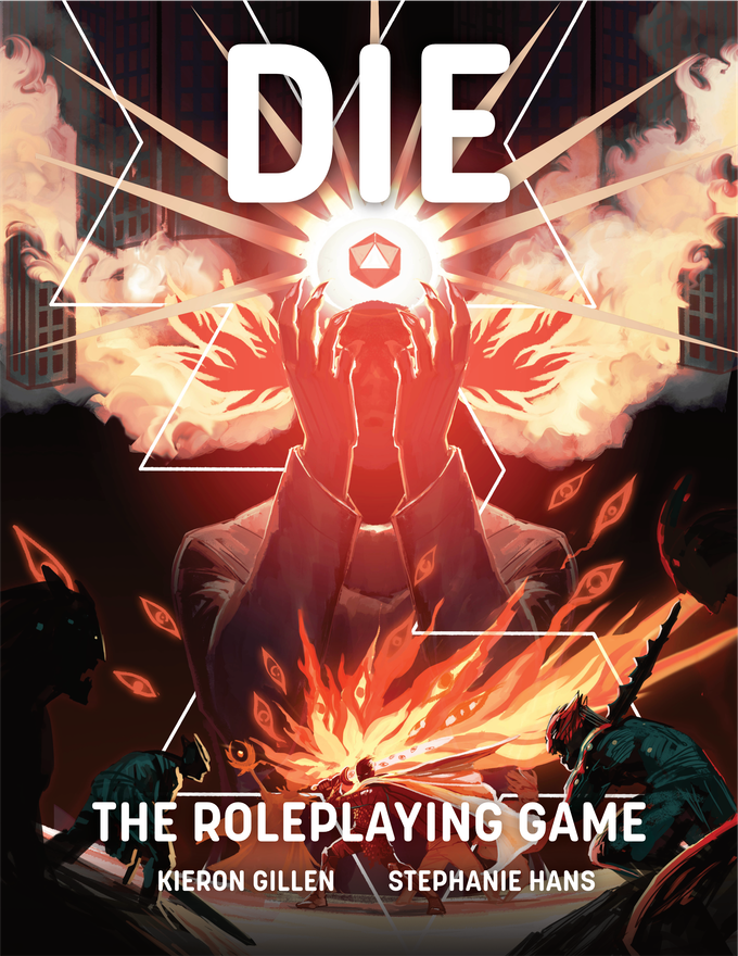 Cover of DIE RPG. It is abstract, with the pattern of an opened up twenty sided die, fantasy characters fighting, and a central figure perhaps worshipping a floating twenty-sided die.