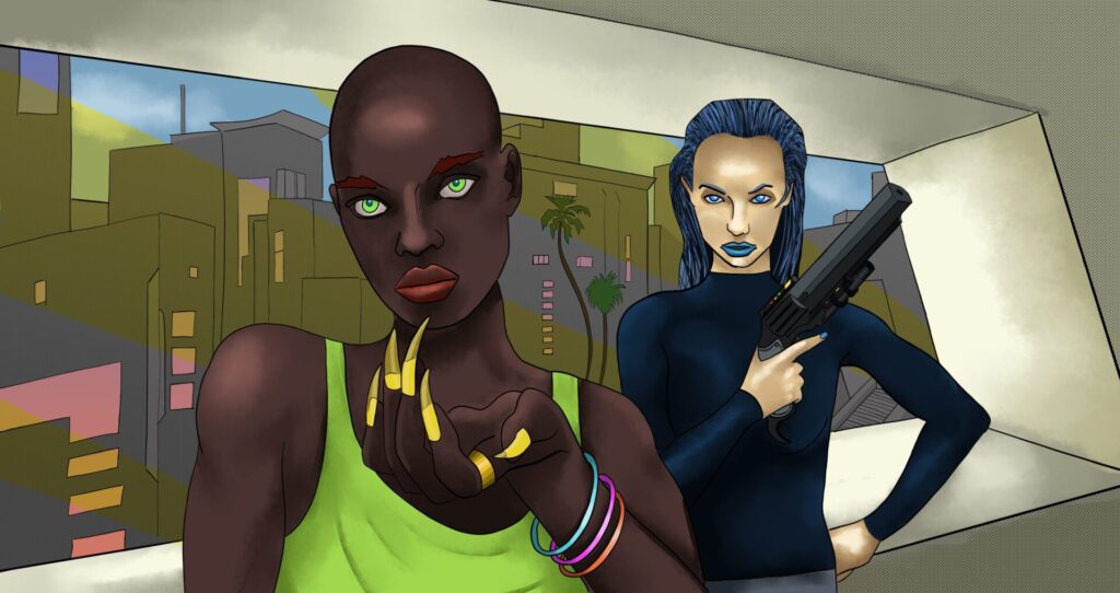 Illustration of two women looking at the viewer. One beckons the viewer closer, the other stands in the back with a big gun. There's a city skyline behind them.