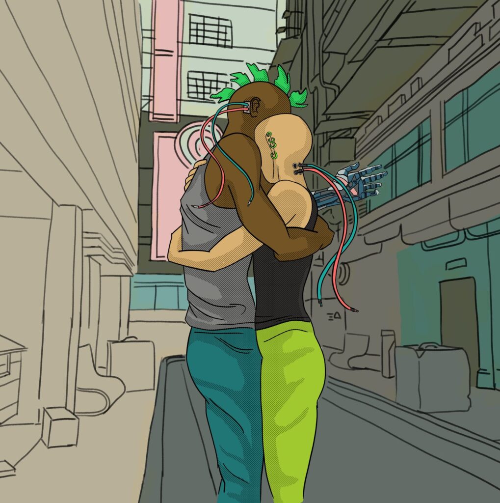 Illustration of two punks hugging in an alleyway. One has a cybernetic arm. Both have disconnected wires going into their heads.