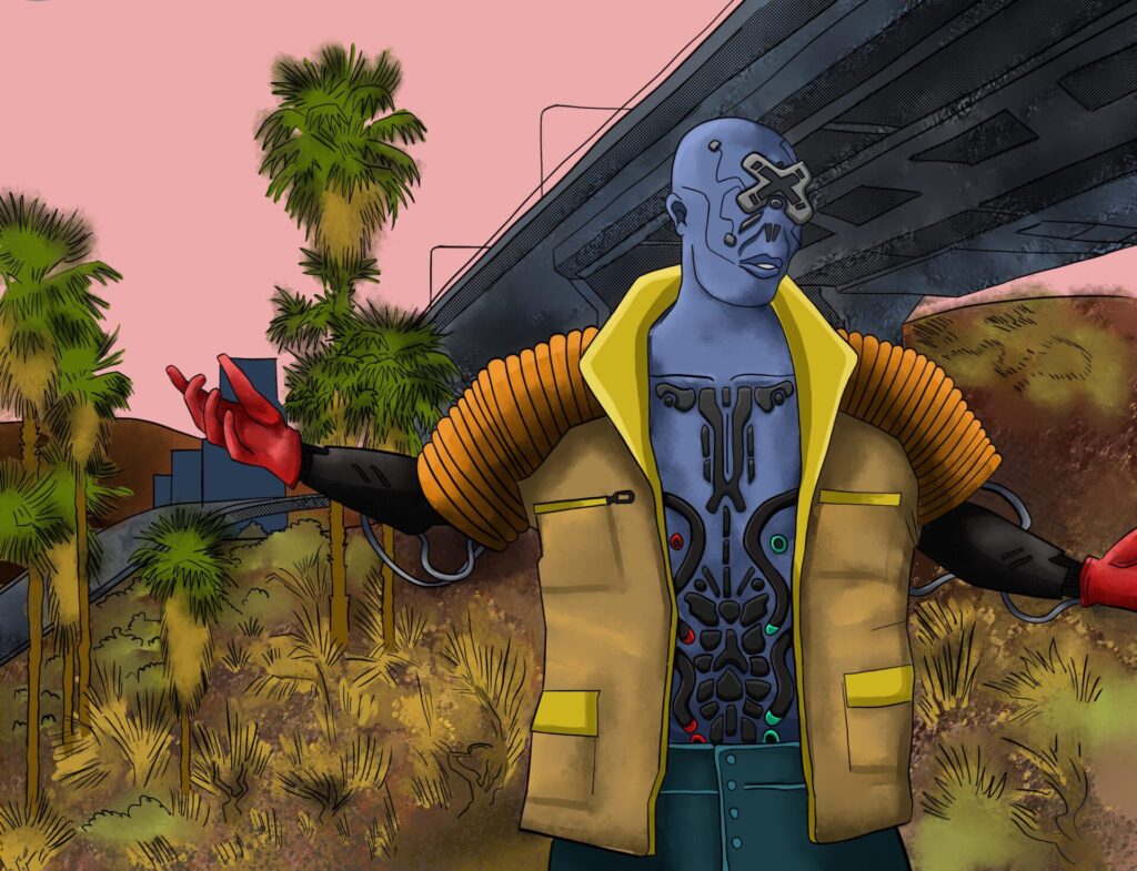Illustration of a fully cybernetic ganger spreading their arms under a highway overpass. Behind them is dry brush. The sky is pink.