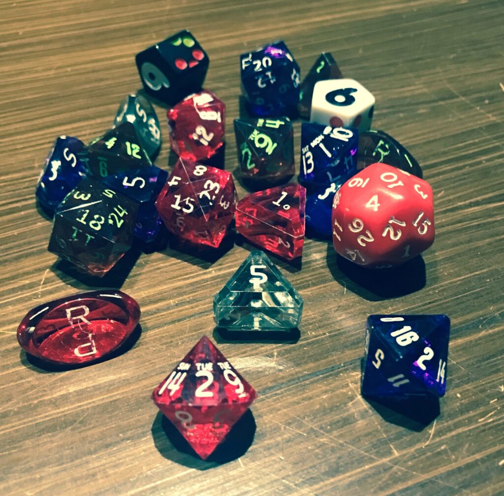 Zocchi dice set. D3, D5, D7, D14, D16, D24, D30 - nontraditional shapes, weird dice that you don't get to use in Dungeons & Dragons.