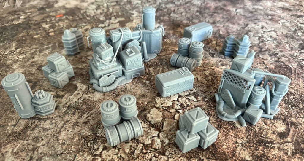 Unpainted, 3D printed, resin, science fiction terrain pieces