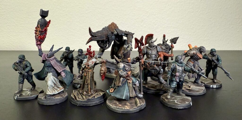 Infernal Legion miniatures assembled into a warband. These are all official Trench Crusade miniatures, printed and painted by me. There are 12 total, all unique.
