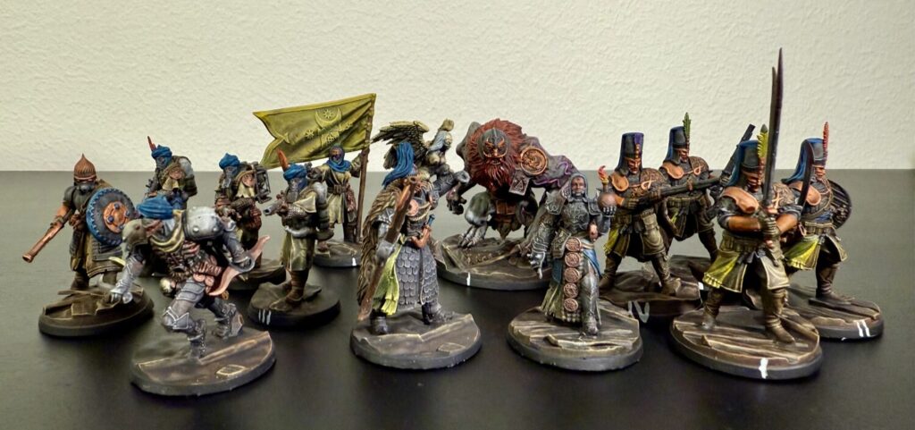 Iron Sultanate miniatures. These are all official Trench Crusade models, printed and painted by me. There are 13 total, of which two rifle carrying Azebs are identical.